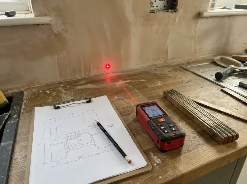 Laserafstandsmeter op een werkblad die een keukenwand opmeet, met een schets en een duimstok ernaast