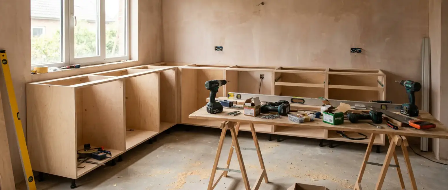 Keuken in plaatsing met de kastenrompen tegen de muur en het werkblad nog niet gelegd